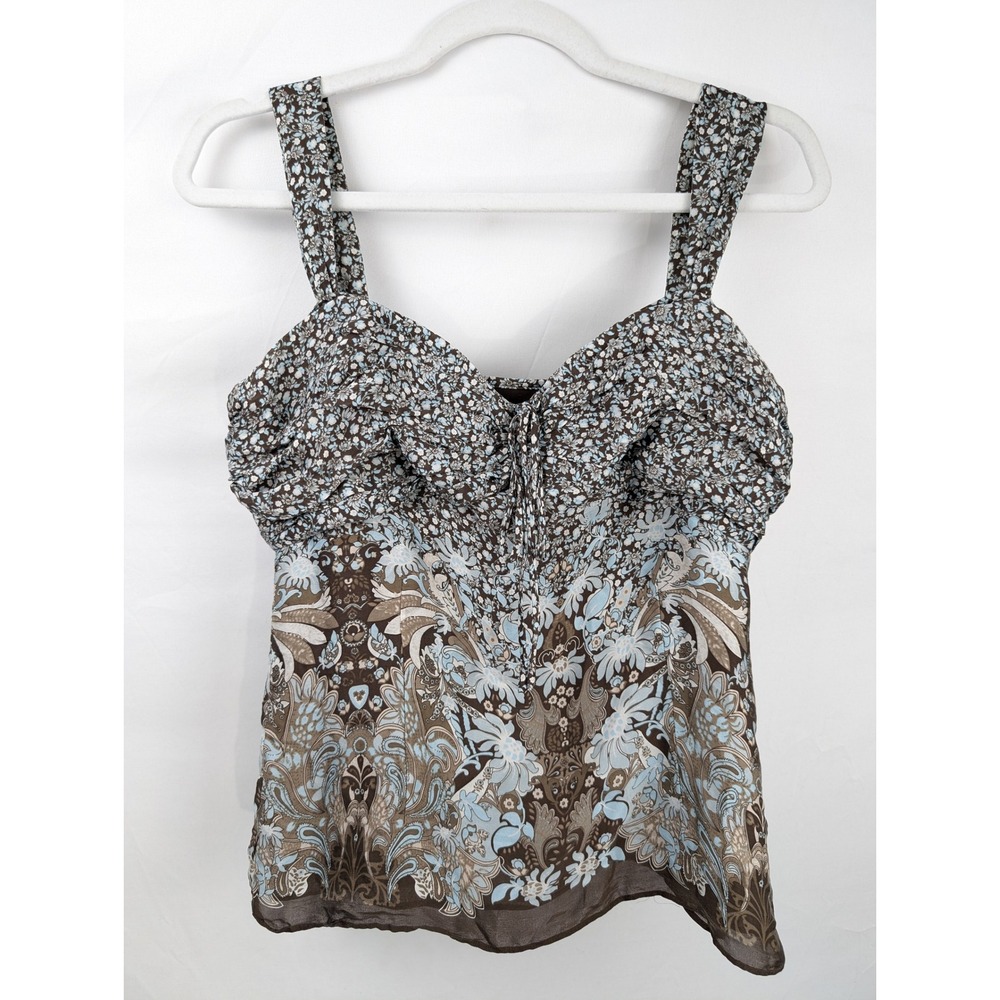 Vintage Y2K 100% Silk Floral Paisley Babydoll Tank Top Size 4 Brown Fairy Grunge